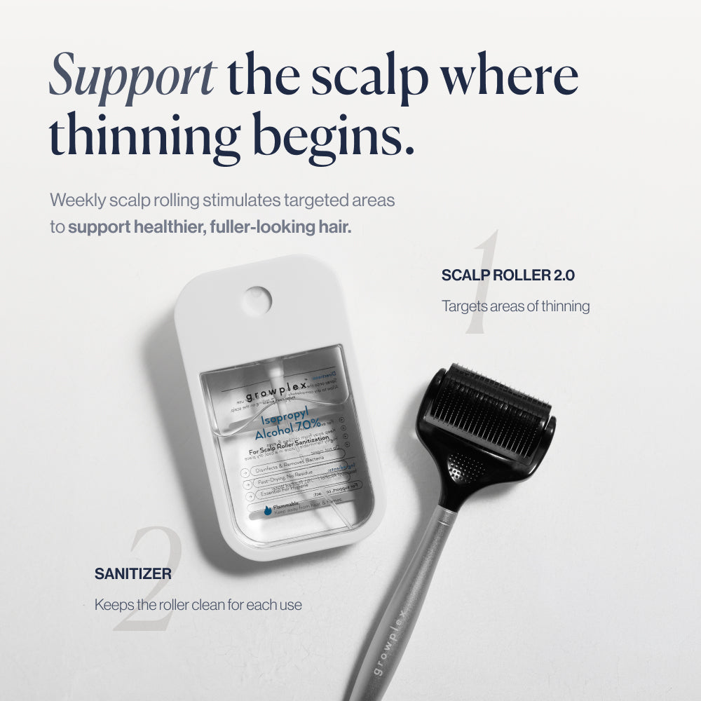 Scalp Roller 2.0 support the scalp where thinning begins: roller + sanitizer