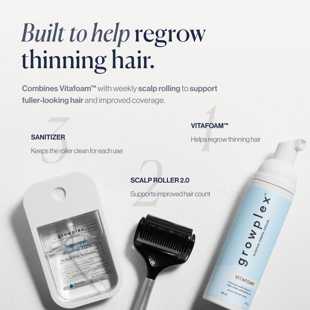 The 3X Growth Kit built to help regrow thinning hair (VitaFoam + Scalp Roller + Sanitizer)