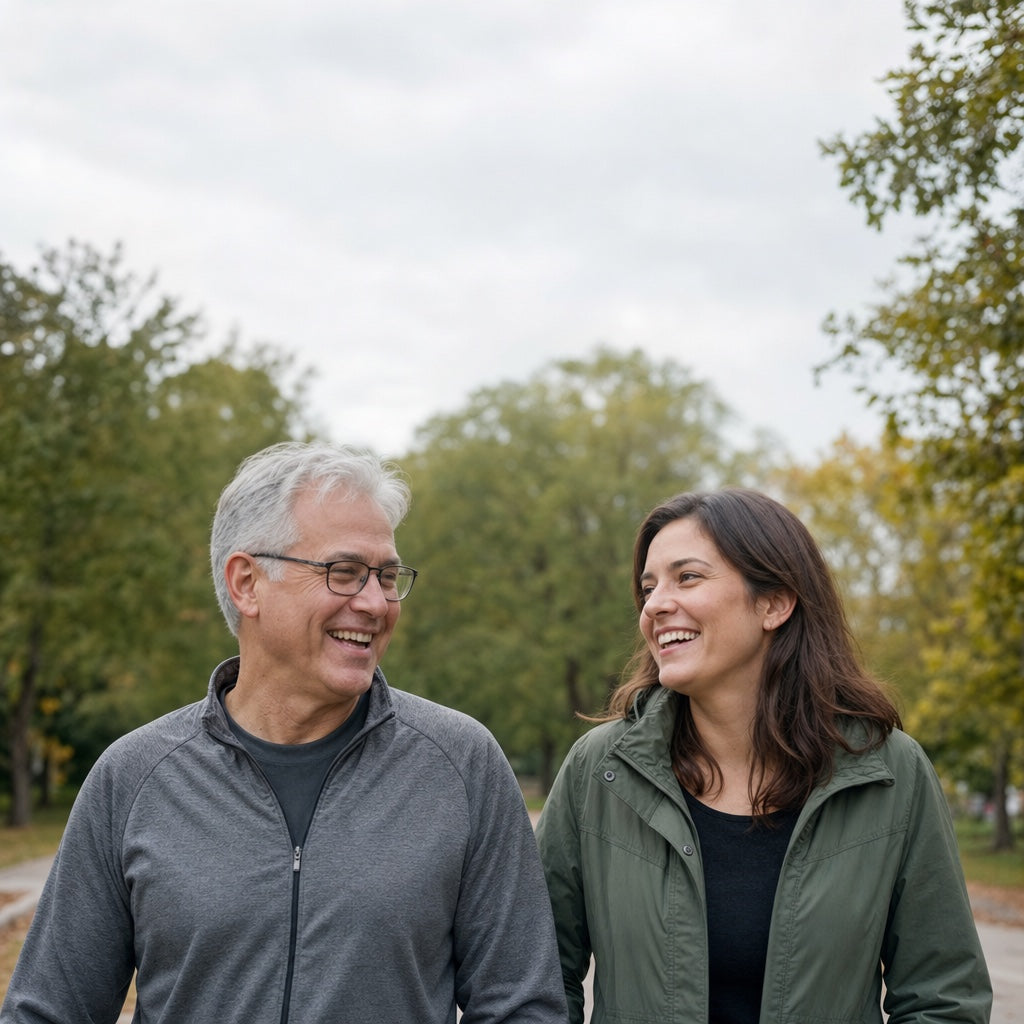 A father laughing with his adult daughter on a walk in the park