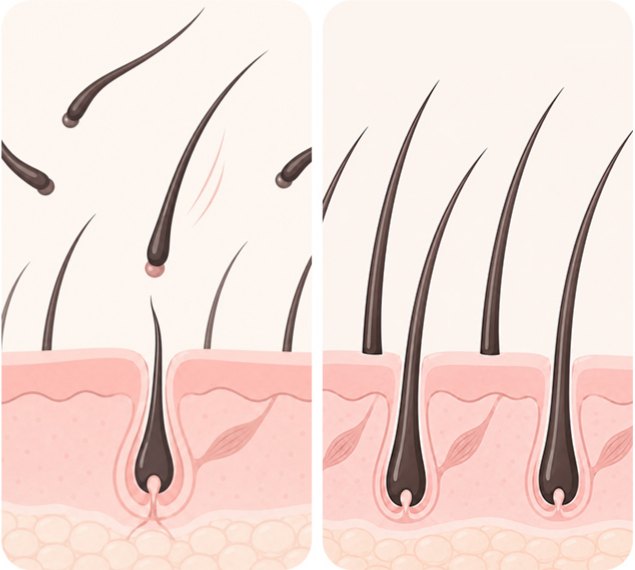 Illustration of the hair cycle: shedding phase, reset phase, stronger new growth