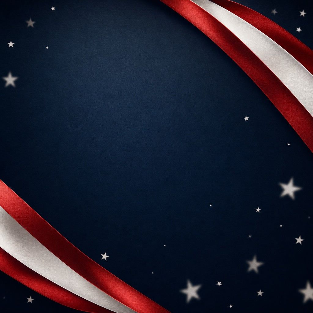 Navy backdrop with white stars and red and white ribbons for the Labor Day sale