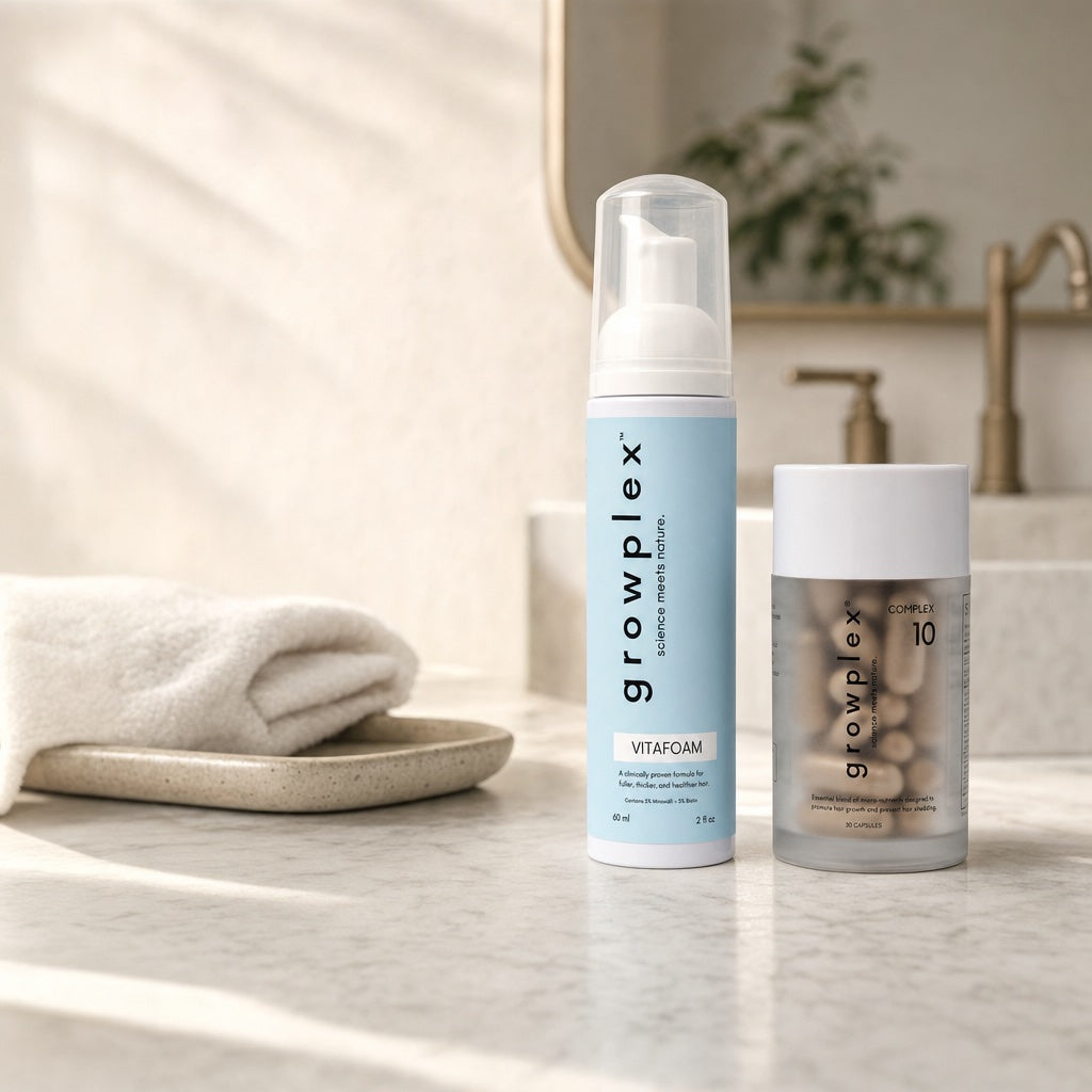 Vitafoam and Complex10 on a bathroom counter